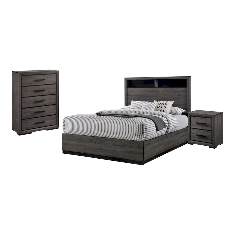 Ensemble de chambre à coucher contemporain Rothwell en bois gris, composé de 3 panneaux et d'étagères, par Furniture of America