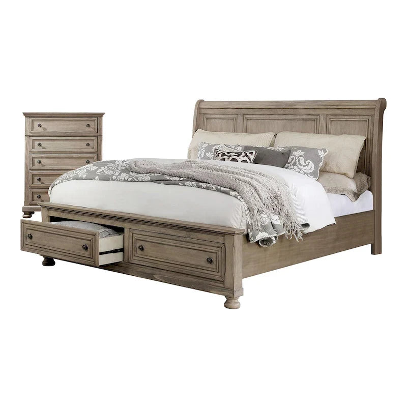 Ensemble lit traîneau et commode de rangement Nahkohe en bois gris transitionnel, 2 pièces, par Furniture of America