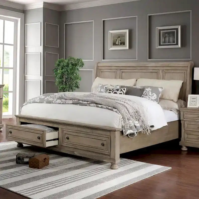 Ensemble lit traîneau et commode de rangement Nahkohe en bois gris transitionnel, 2 pièces, par Furniture of America