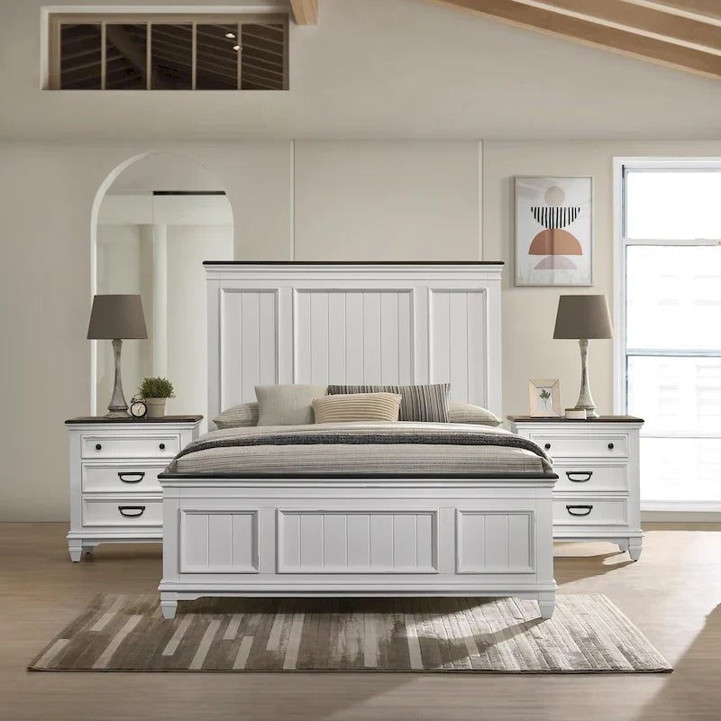 Ensemble de chambre à coucher en bois Roundhill Furniture Clelane 3 pièces, lit à panneaux en lambris et 2 tables de chevet