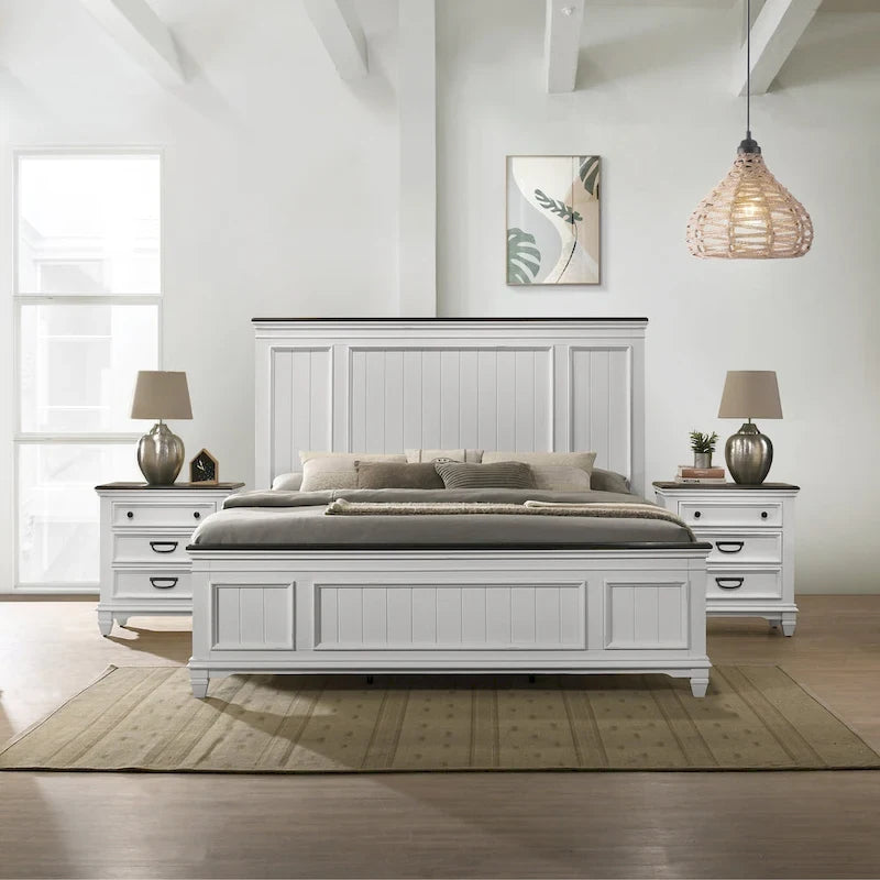 Roundhill Furniture Clelane 3-Piece Wood Bedroom Set, Shiplap Panel Bed and 2 Nightstands