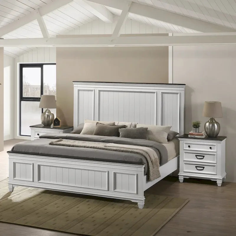 Ensemble de chambre à coucher en bois Roundhill Furniture Clelane 3 pièces, lit à panneaux en lambris et 2 tables de chevet