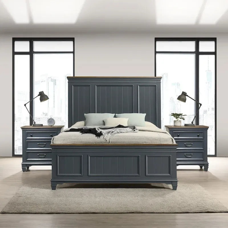 Ensemble de chambre à coucher en bois Roundhill Furniture Clelane 3 pièces, lit à panneaux en lambris et 2 tables de chevet