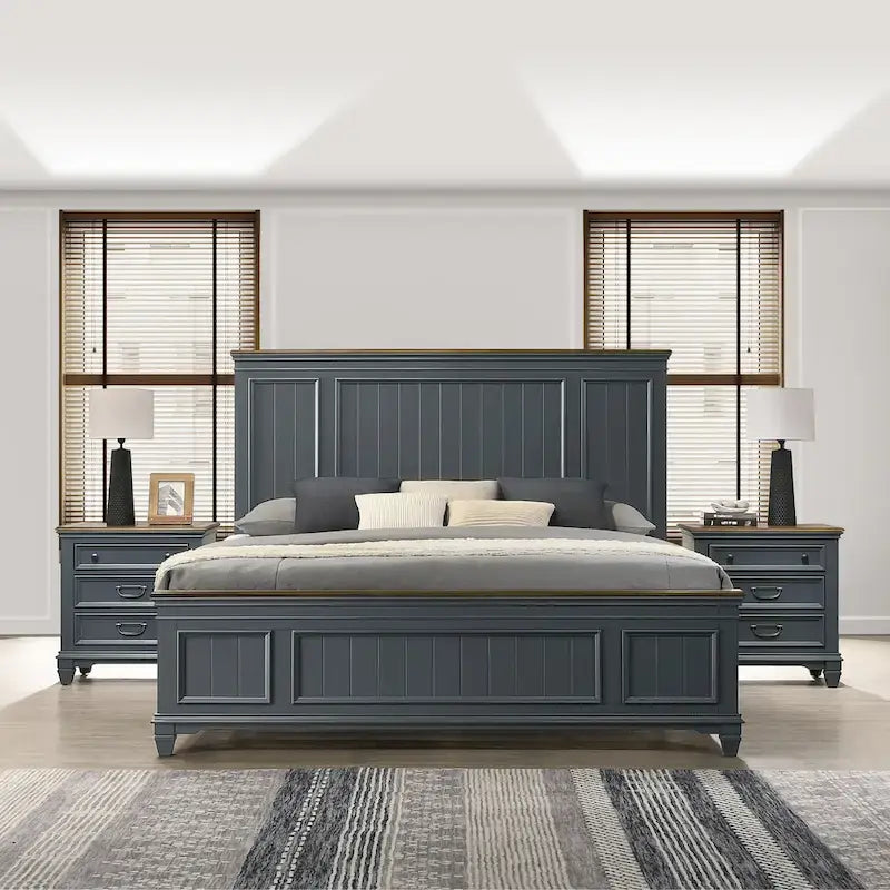 Ensemble de chambre à coucher en bois Roundhill Furniture Clelane 3 pièces, lit à panneaux en lambris et 2 tables de chevet