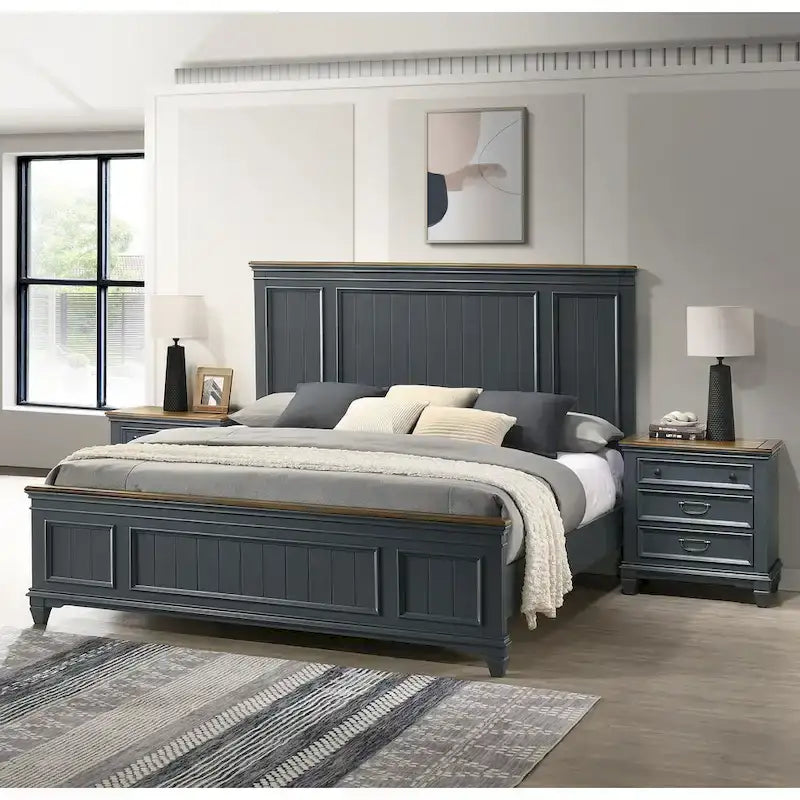 Ensemble de chambre à coucher en bois Roundhill Furniture Clelane 3 pièces, lit à panneaux en lambris et 2 tables de chevet