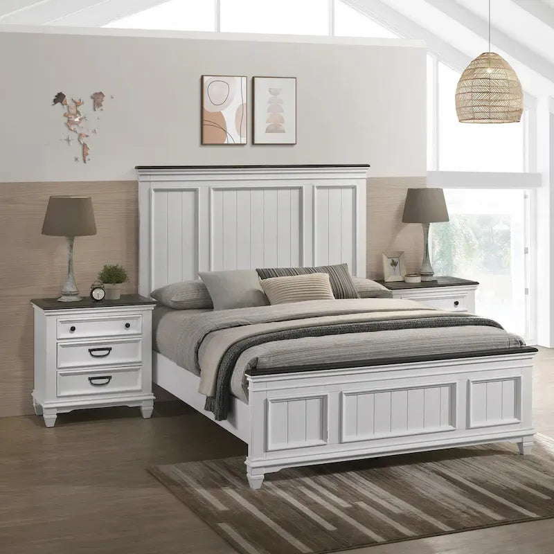 Ensemble de chambre à coucher en bois Roundhill Furniture Clelane 3 pièces, lit à panneaux en lambris et 2 tables de chevet