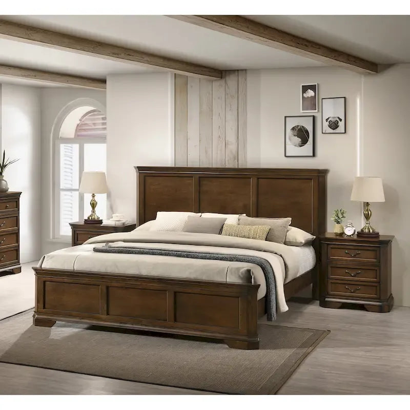 Ensemble de chambre à coucher 3 pièces en bois Roundhill Furniture Maderne, comprenant un lit à panneaux et deux tables de chevet, finition noyer antique
