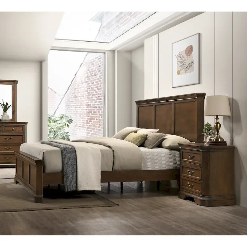 Ensemble de chambre à coucher 3 pièces en bois Roundhill Furniture Maderne, comprenant un lit à panneaux et deux tables de chevet, finition noyer antique