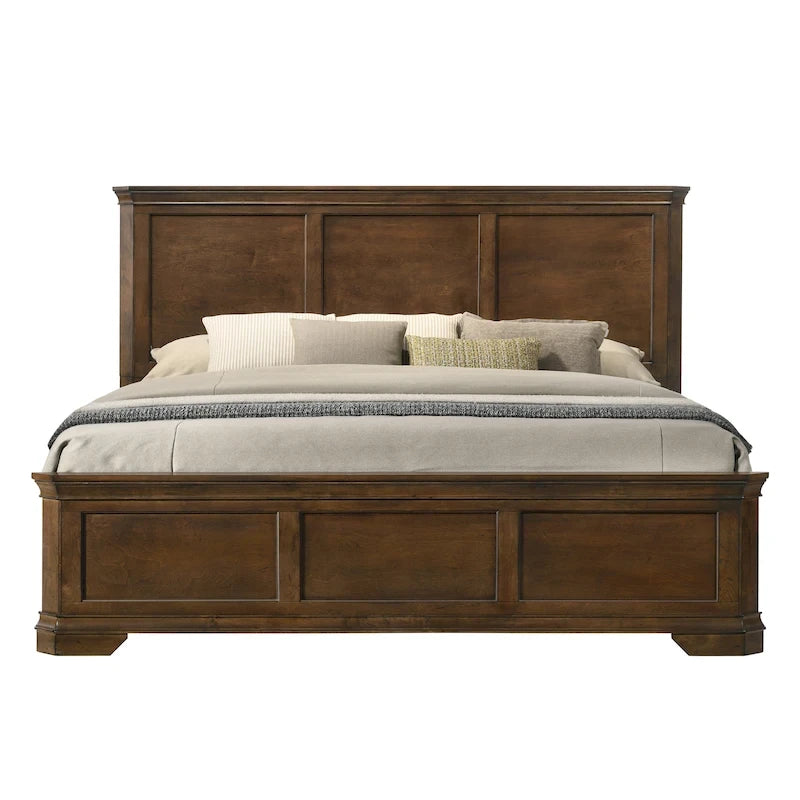 Ensemble de chambre à coucher 3 pièces en bois Roundhill Furniture Maderne, comprenant un lit à panneaux et deux tables de chevet, finition noyer antique