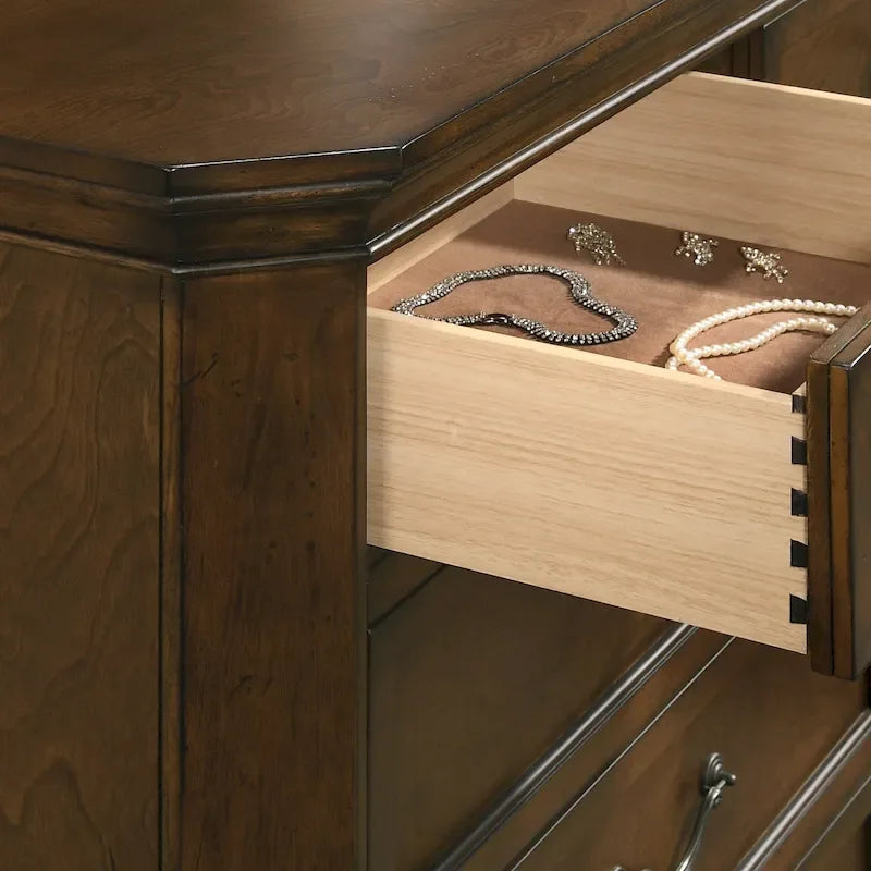 Ensemble de chambre à coucher 3 pièces en bois Roundhill Furniture Maderne, comprenant un lit à panneaux et deux tables de chevet, finition noyer antique