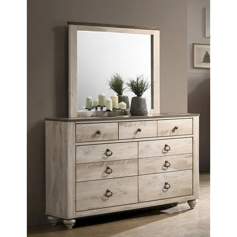 Ensemble de chambre à coucher contemporain Roundhill Furniture Imerland, finition blanchie, comprenant un lit traîneau, une commode, un miroir et deux tables de chevet.