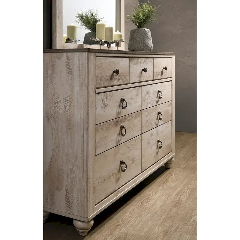 Ensemble de chambre à coucher contemporain Roundhill Furniture Imerland, finition blanchie, comprenant un lit traîneau, une commode, un miroir et deux tables de chevet.
