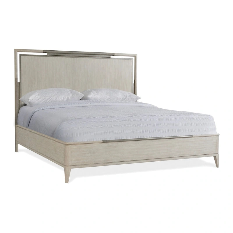 Ensemble de chambre à coucher Roundhill Furniture Mantalia en bois massif, comprenant un lit à panneaux, une commode, un miroir, deux tables de chevet, une armoire et un banc, couleur champagne.