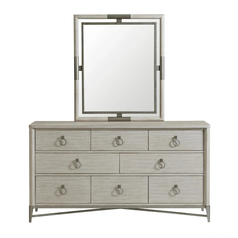 Ensemble de chambre à coucher Roundhill Furniture Mantalia en bois massif, comprenant un lit à panneaux, une commode, un miroir, deux tables de chevet, une armoire et un banc, couleur champagne.