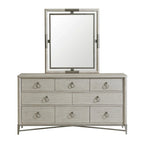Ensemble de chambre à coucher Roundhill Furniture Mantalia en bois massif, comprenant un lit à panneaux, une commode, un miroir, deux tables de chevet, une armoire et un banc, couleur champagne.