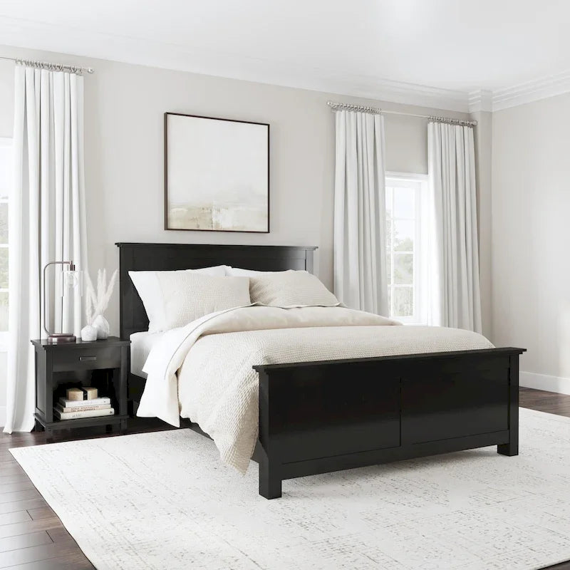 Ensemble lit queen et table de chevet 2 pièces en bois noir Oak Park de Homestyles
