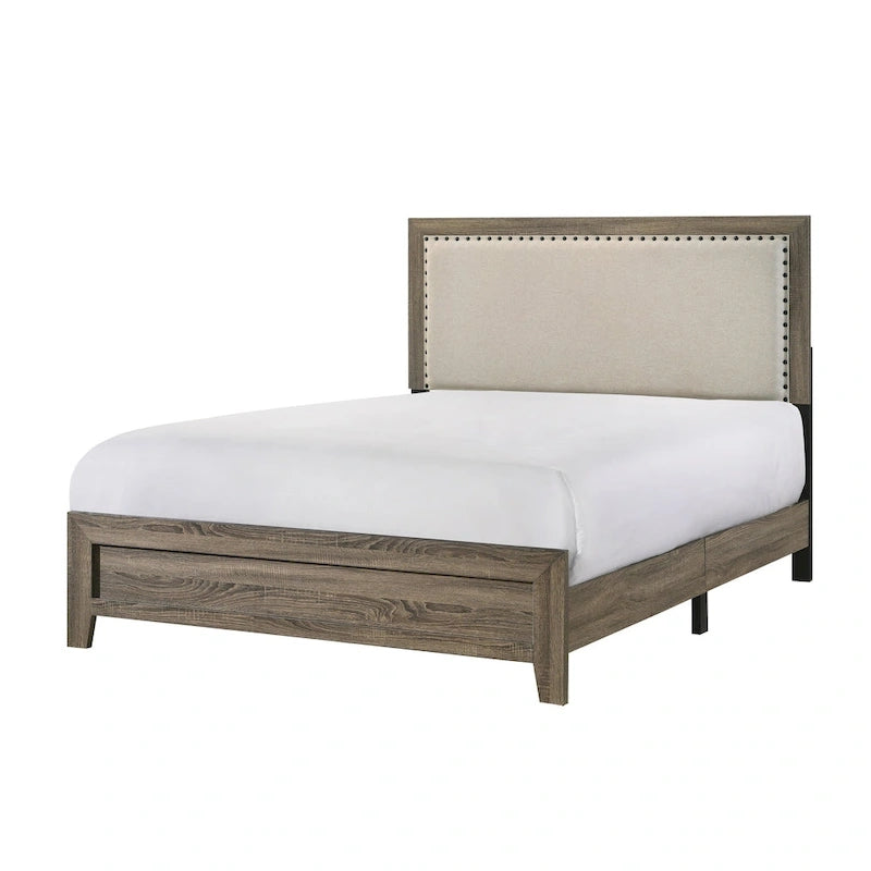Ensemble de chambre à coucher Linette 6 pièces gris contemporain en bois massif et placage, panneaux rembourrés en tissu