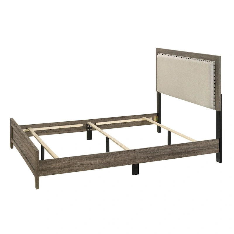 Ensemble de chambre à coucher Linette 6 pièces gris contemporain en bois massif et placage, panneaux rembourrés en tissu