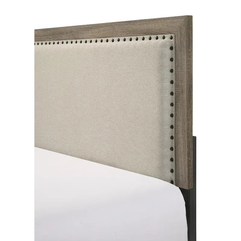 Ensemble de chambre à coucher Linette 6 pièces gris contemporain en bois massif et placage, panneaux rembourrés en tissu