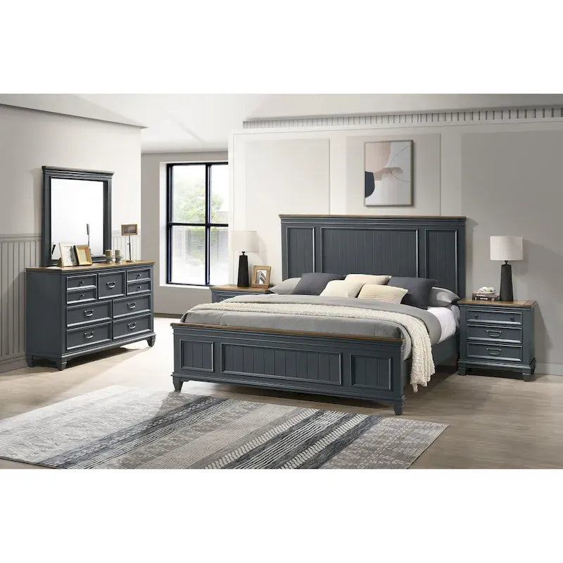Ensemble de chambre à coucher en bois Clelane de Roundhill Furniture comprenant un lit, une commode, un miroir et deux tables de chevet