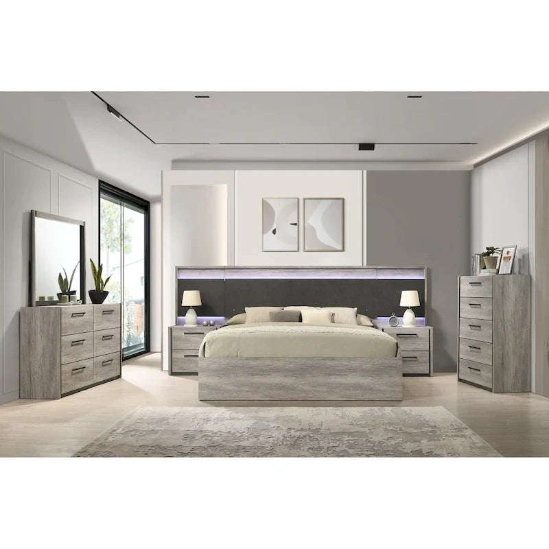 Lit mural LED Lenca de Roundhill Furniture avec tables de chevet, commode, miroir et chiffonnier - Gris vieilli