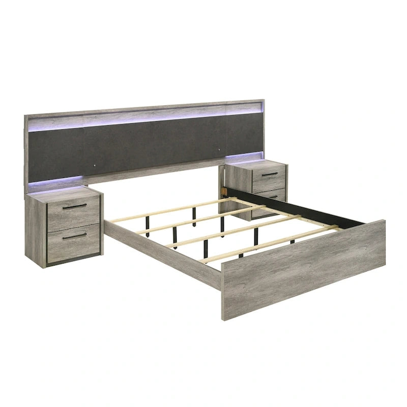 Lit mural LED Lenca de Roundhill Furniture avec tables de chevet, commode, miroir et chiffonnier - Gris vieilli