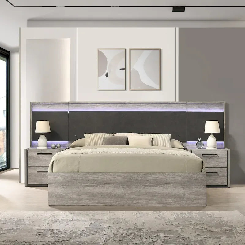 Lit mural LED Lenca de Roundhill Furniture avec tables de chevet, commode, miroir et chiffonnier - Gris vieilli