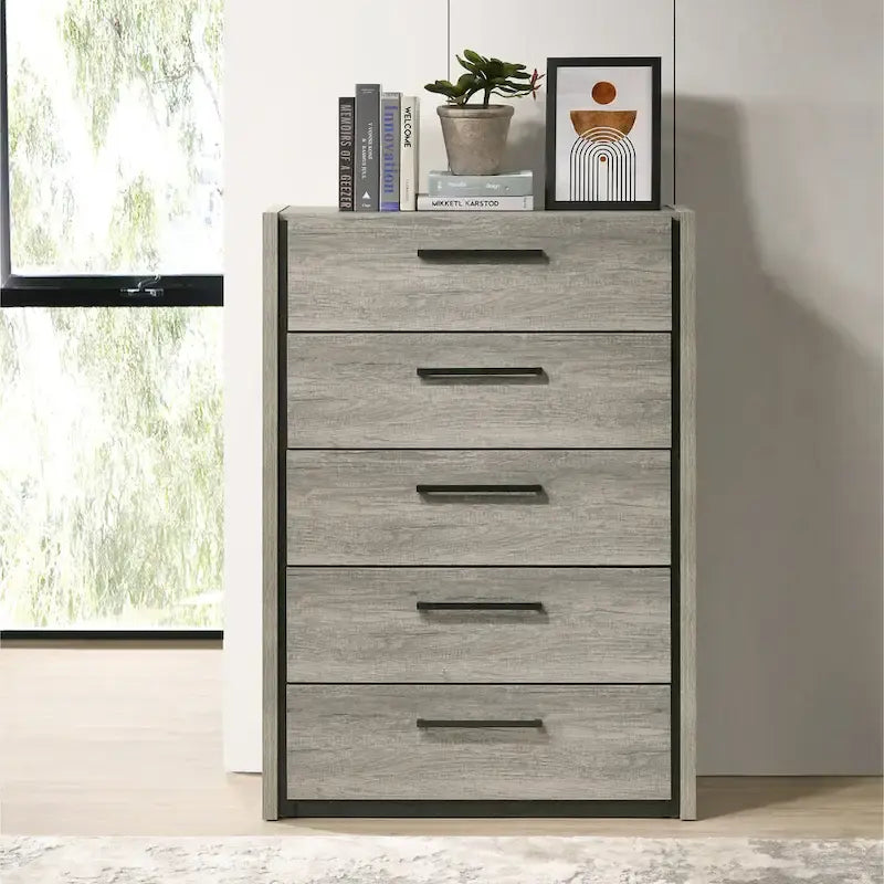Lit mural LED Lenca de Roundhill Furniture avec tables de chevet, commode, miroir et chiffonnier - Gris vieilli