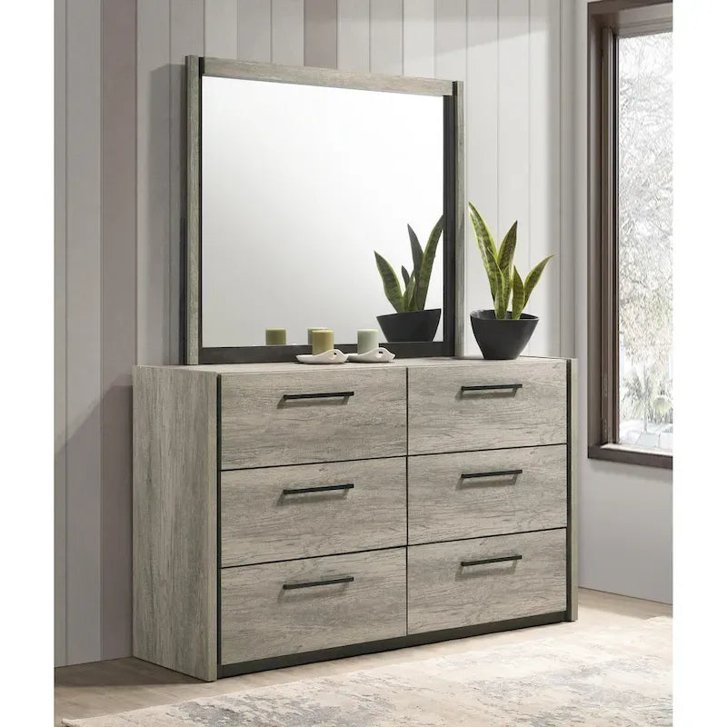 Lit mural LED Lenca de Roundhill Furniture avec tables de chevet, commode, miroir et chiffonnier - Gris vieilli