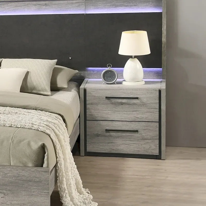 Lit mural LED Lenca de Roundhill Furniture avec tables de chevet, commode, miroir et chiffonnier - Gris vieilli