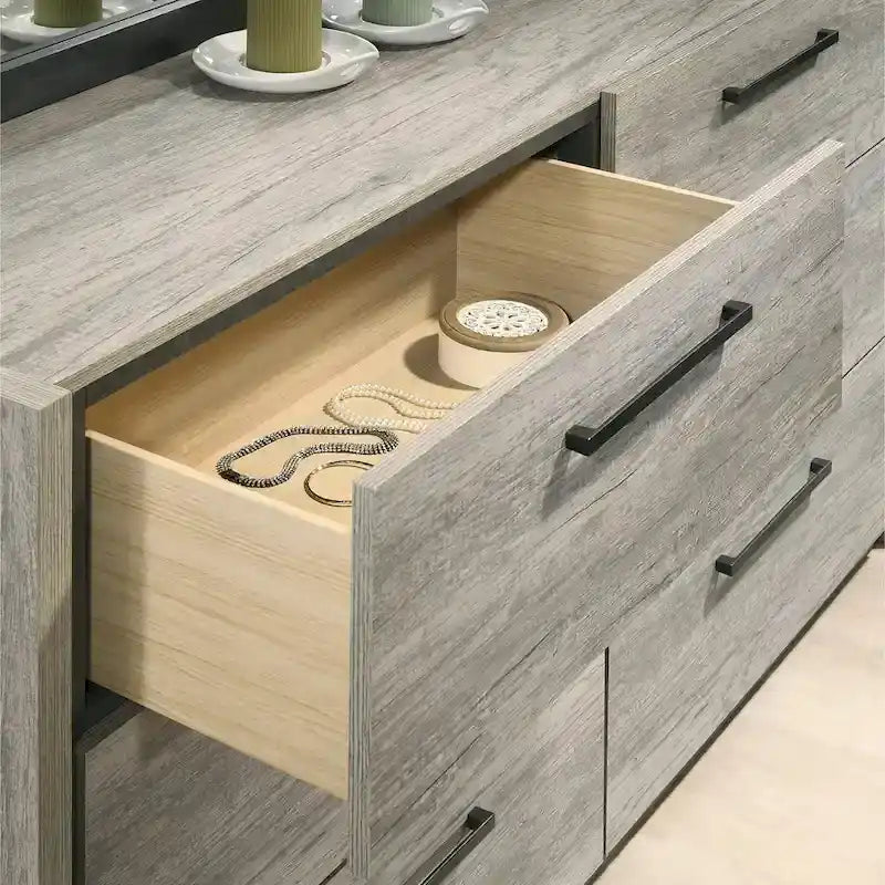 Lit mural LED Lenca de Roundhill Furniture avec tables de chevet, commode, miroir et chiffonnier - Gris vieilli