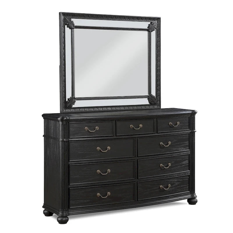 Ensemble de chambre à coucher Aliana 3 pièces noir, style moderne contemporain, en bois massif plaqué et recouvert de tissu.
