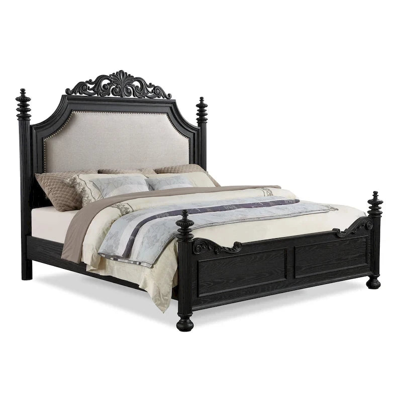 Ensemble de chambre à coucher Aliana 3 pièces noir, style moderne contemporain, en bois massif plaqué et recouvert de tissu.