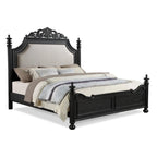 Ensemble de chambre à coucher Aliana 3 pièces noir, style moderne contemporain, en bois massif plaqué et recouvert de tissu.