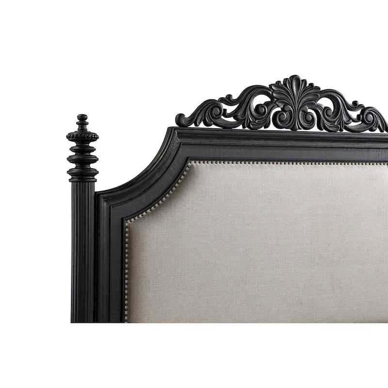 Ensemble de chambre à coucher Aliana 3 pièces noir, style moderne contemporain, en bois massif plaqué et recouvert de tissu.
