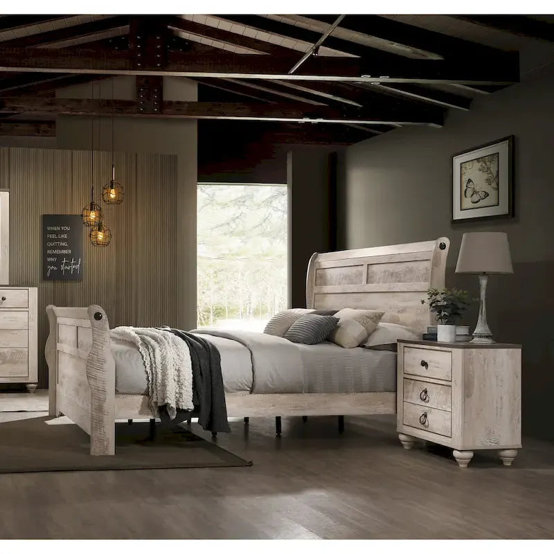 Ensemble de chambre à coucher 3 pièces Roundhill Furniture Imerland, finition blanc délavé, style contemporain