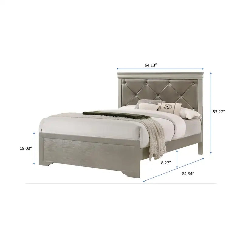Set camera da letto Sigurd 4 pezzi in similpelle argentata con pannello capitonné