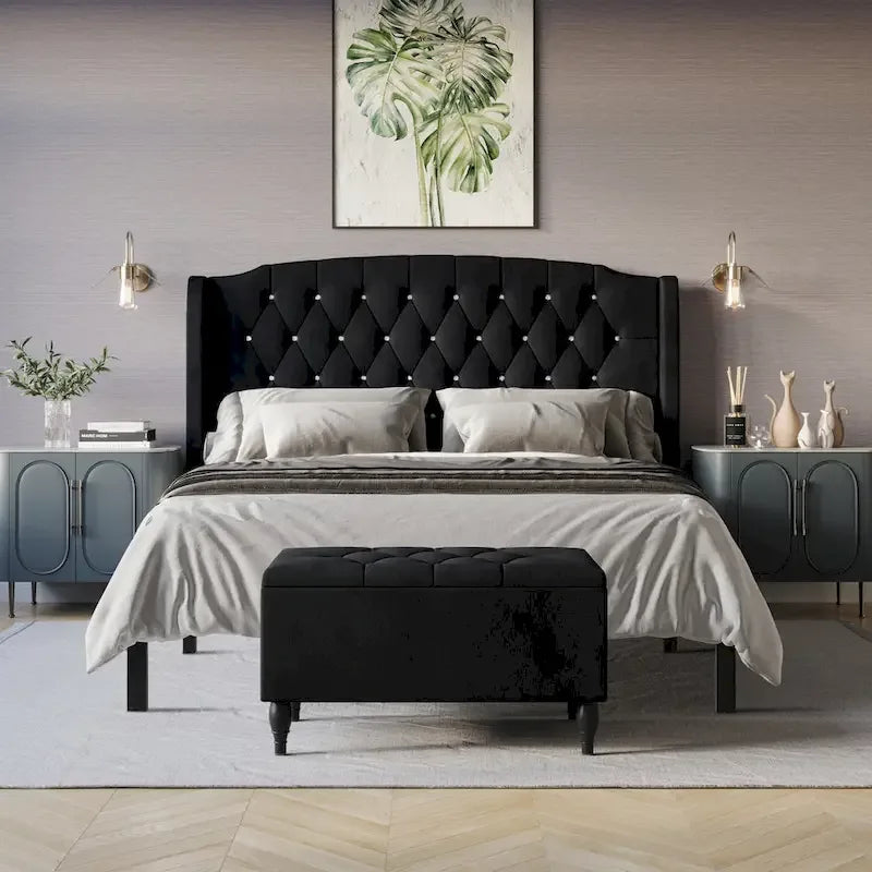 CraftPorch 2 Piece Bedroom Bench Set Velvet Wingback Upholstered Bed