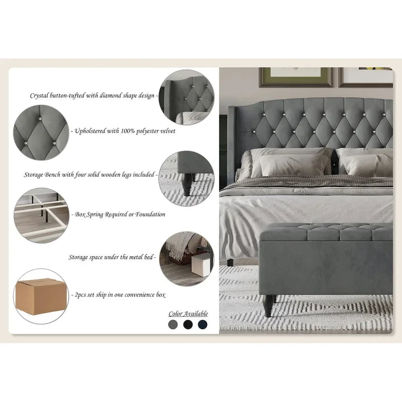 Ensemble de bancs de chambre CraftPorch 2 pièces, lit rembourré à oreilles en velours