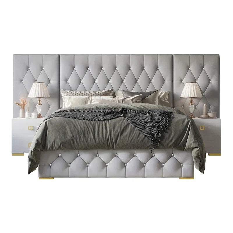 Ensemble de 3 tables de chevet CraftPorch pour chambre à coucher avec lit plateforme capitonné en velours luxueux