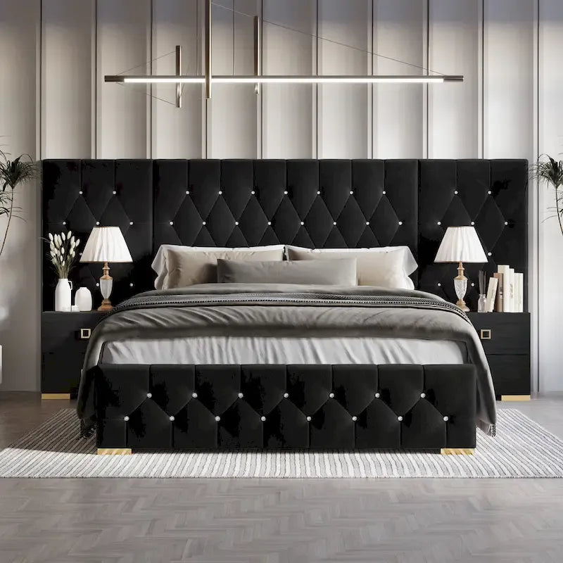 Ensemble de 3 tables de chevet CraftPorch pour chambre à coucher avec lit plateforme capitonné en velours luxueux