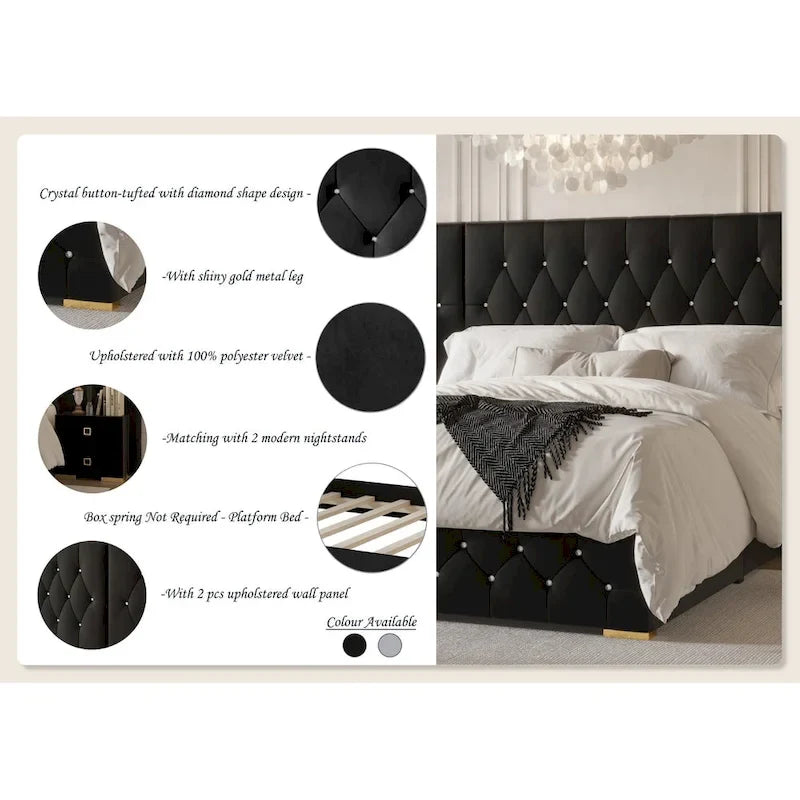 Ensemble de 3 tables de chevet CraftPorch pour chambre à coucher avec lit plateforme capitonné en velours luxueux