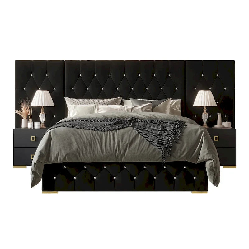 Ensemble de 3 tables de chevet CraftPorch pour chambre à coucher avec lit plateforme capitonné en velours luxueux