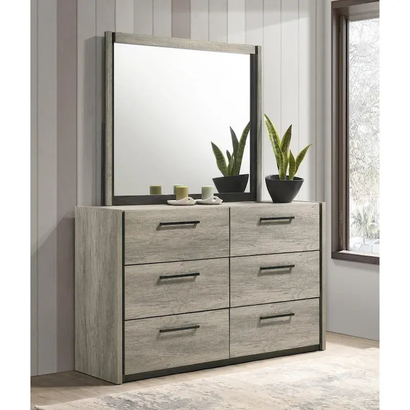 Lit mural LED Lenca de Roundhill Furniture avec tables de chevet, commode et miroir - Gris vieilli