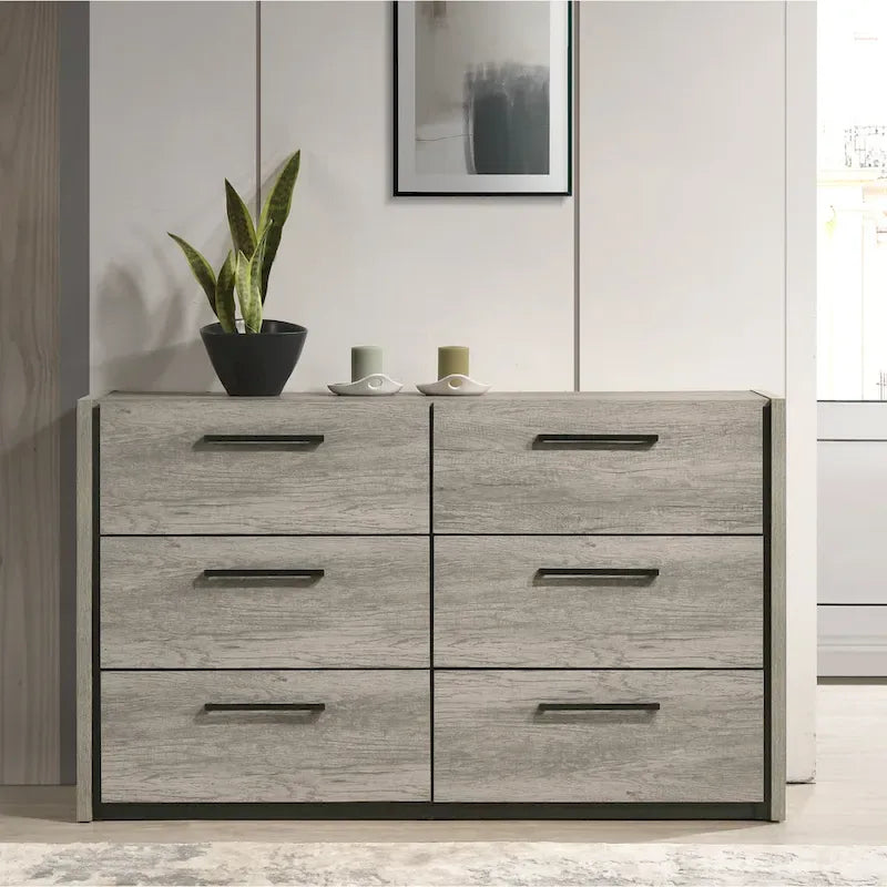 Lit mural LED Lenca de Roundhill Furniture avec tables de chevet, commode et miroir - Gris vieilli