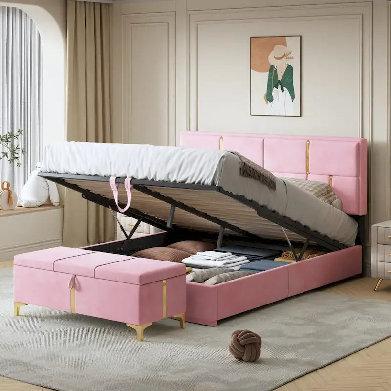 Ensemble de chambre à coucher 2 pièces : lit queen size avec pouf de rangement