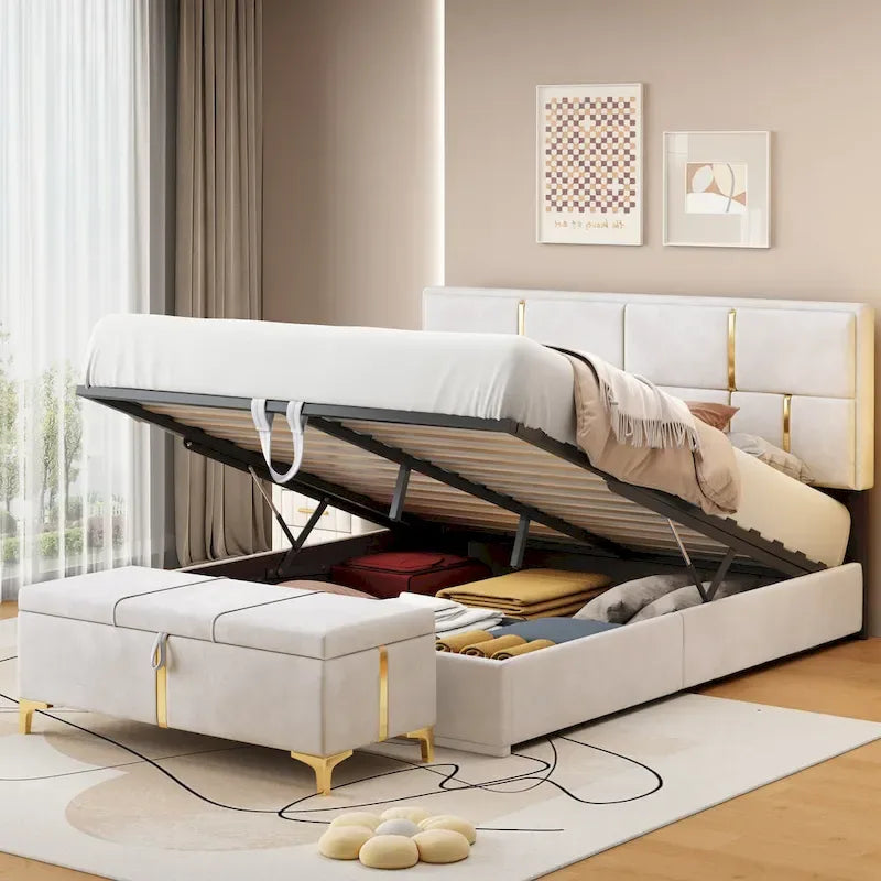 Ensemble de chambre à coucher 2 pièces : lit queen size avec pouf de rangement