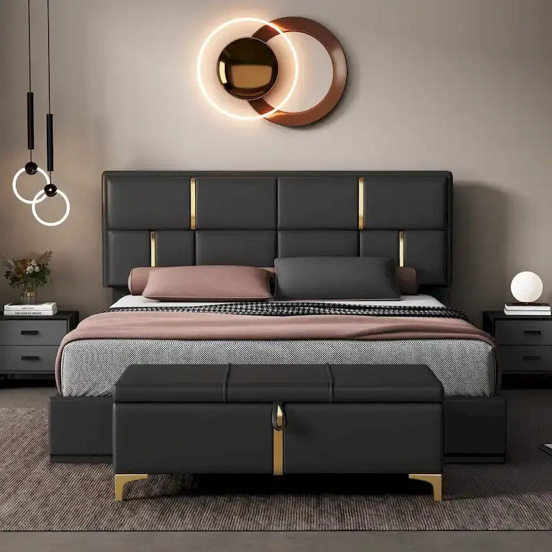 Ensemble de chambre à coucher 2 pièces : lit queen size avec pouf de rangement