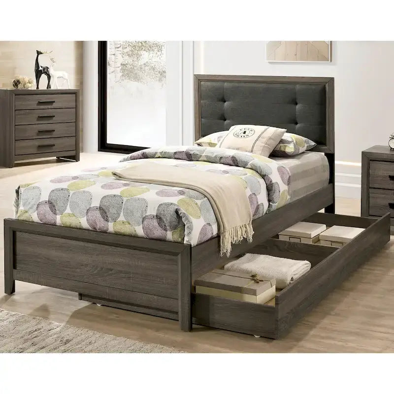 Ensemble lit et lit gigogne Aury Transitional en bois gris capitonné, composé de deux panneaux, par Furniture of America