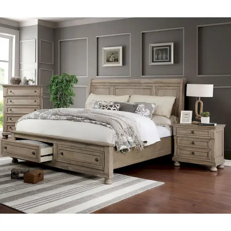 Ensemble de chambre à coucher Nahkohe Transitional en bois gris avec rangement intégré et port USB, 3 pièces, par Furniture of America